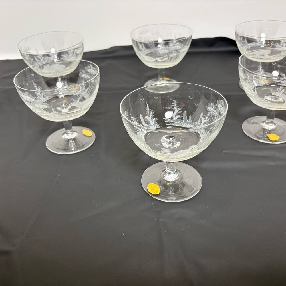 Vintage Etched East Germany Crystal Coupe Set Hunting/Wildlife Scene